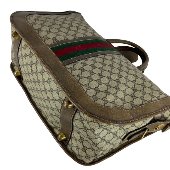 80's GUCCI Brown Supreme Canvas Web Carrier Boston Weekender Bag Made in Italy - Picture 5 of 17